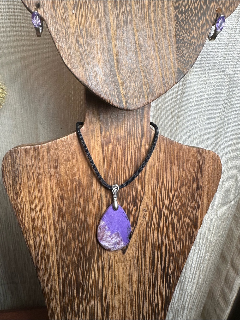 Charoite Teardrop Necklace on Sterling Silver Bail and Black Rope - Picture 3 of 14